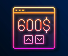 Glowing neon line Monitor with dollar icon isolated on black background. Sending money around the world, money transfer, online banking, financial transaction. Vector