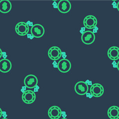 Line Casino chips exchange on stacks of dollars icon isolated seamless pattern on blue background. Vector