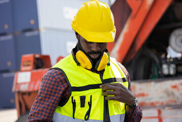 Hard work engineering businessman with blue containers background