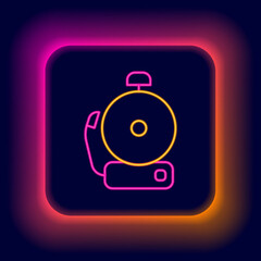 Glowing neon line Ringing alarm bell icon isolated on black background. Alarm symbol, service bell, handbell sign, notification symbol. Colorful outline concept. Vector
