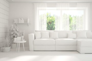 Mock up of stylish room in white color with sofa and green landscape in window. Scandinavian interior design. 3D illustration