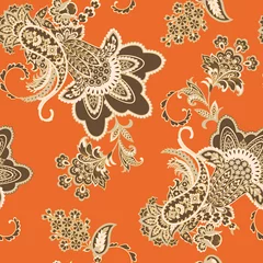 Cercles muraux Orange Modèle sans couture de vecteur Paisley. Fleur fantastique, feuilles. Imprimé bohème textile. Peinture batique. Vintage