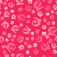White line Paint brush with palette icon isolated seamless pattern on red background. Vector
