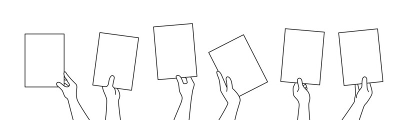 Hands holding blank paper sheet outline style set vector illustration isolated