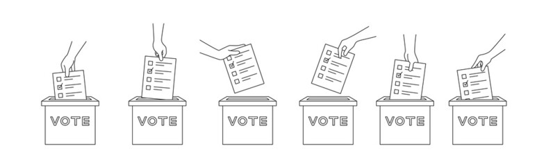 Outline hand with the ballot paper throws the sheet into the voting box line style vector illustration