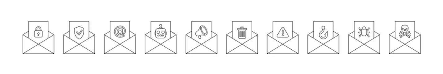 Line set email envelope with letter options from safe protected to the dangerous virus, set vector illustration