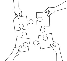 Concept teamwork metaphor with piece of puzzle in hand line style vector illustration