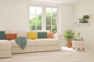 White living room with sofa and summer landscape in window. Scandinavian interior design. 3D illustration