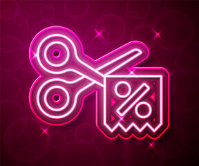 Glowing neon line Scissors cuts discount coupon icon isolated on red background. The concept of selling in an online supermarket at low prices or half the cost. Vector