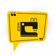 Black Sewing machine icon isolated on white background. Yellow speech bubble symbol. Vector