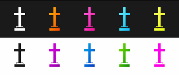 Set Grave with cross icon isolated on black and white background. Vector