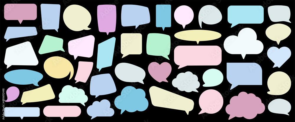 Poster set of empty speech bubbles of different shapes in soft pastel colors.