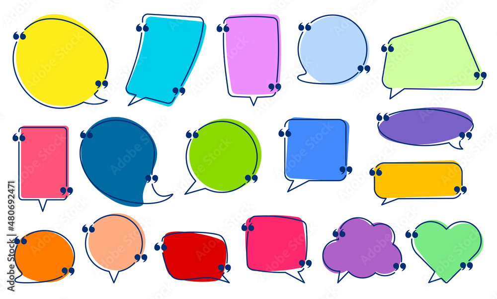 Poster set of colorful empty speech bubbles of different shapes with quotation marks.