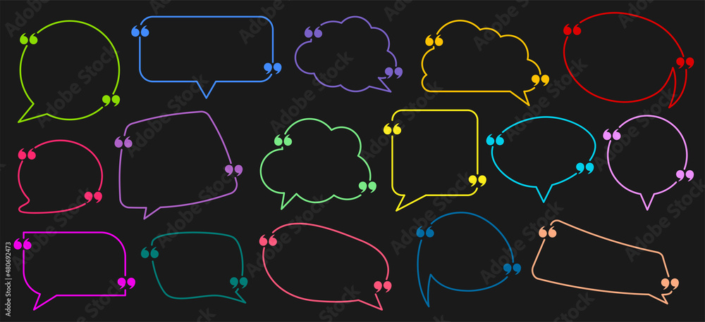 Poster set of empty speech bubbles of different shapes with quotation marks on black background.