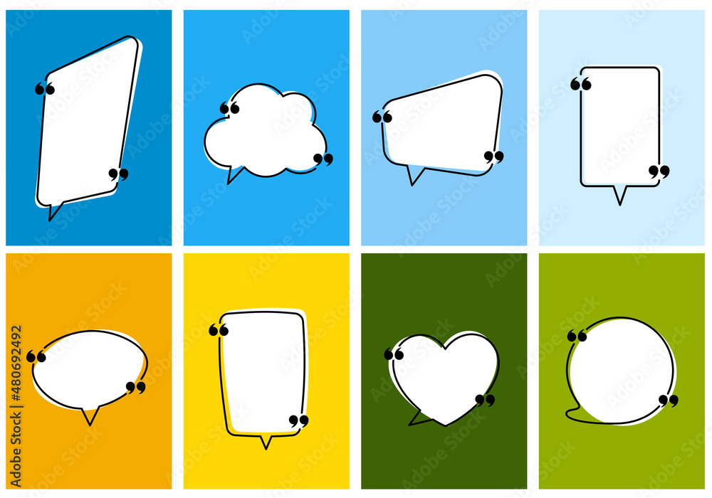Poster set of colorful speech bubbles with quotation mark isolated cards.