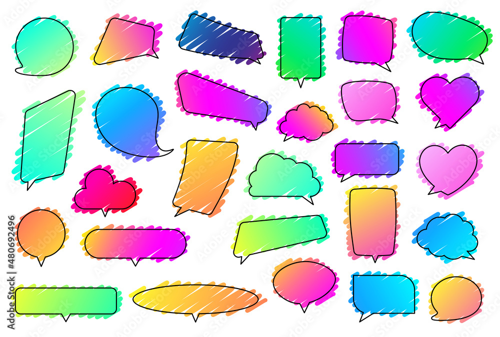 Poster set of colorful gradient strokes speech bubbles of different shapes.