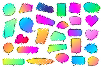Set of colorful gradient strokes speech bubbles of different shapes.