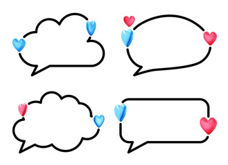 Set of speech bubbles of different shapes with 3d pink and blue hearts.
