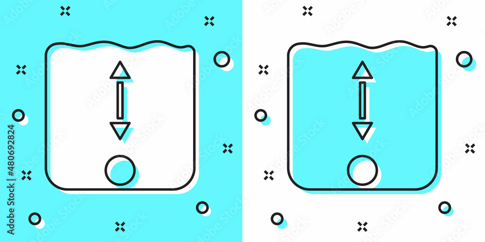 Poster black line depth measurement icon isolated on green and white background. water depth. random dynami