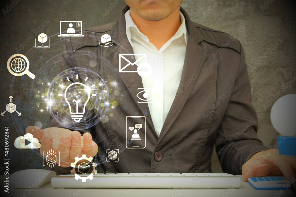 Aufkleber technology and icon customer global network connection by a businessman using a computer to analyze 