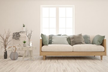 Fototapeta premium White living room with sofa. Scandinavian interior design. 3D illustration