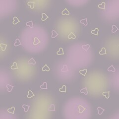 Dim seamless abstract pattern of little hearts on a light background of blurred pastel colors spots.