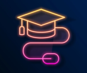 Glowing neon line Graduation cap with mouse icon isolated on black background. World education symbol. Online learning or e-learning concept. Vector