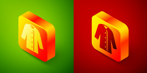 Isometric Raincoat icon isolated on green and red background. Square button. Vector
