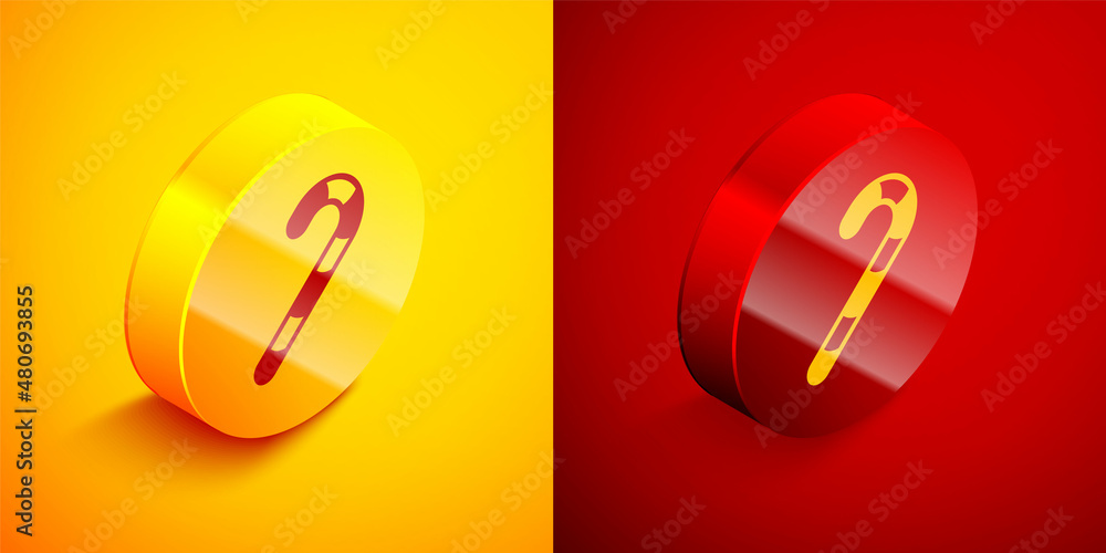 Poster isometric christmas candy cane with stripes icon isolated on orange and red background. happy hallow