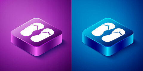 Isometric Flip flops icon isolated on blue and purple background. Beach slippers sign. Square button. Vector