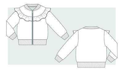 Girl's bomber jacket with frill on front. Technical sketch. © Marina Smorodinskaya