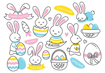 Easter and cute kawaii Easter bunnies, hares. Eggs and Happy Easter greetings. Egg hunt. The stickers are isolated on a white background. Doodle, cartoon, characters.
