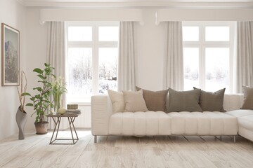 Modern living room in white color with sofa and winter landscape in window. Scandinavian interior design. 3D illustration