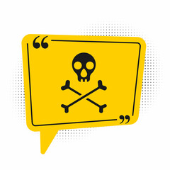 Black Skull on crossbones icon isolated on white background. Happy Halloween party. Yellow speech bubble symbol. Vector