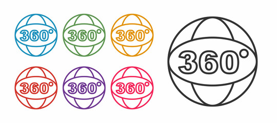 Naklejka premium Set line 360 degree view icon isolated on white background. Virtual reality. Angle 360 degree camera. Panorama photo. Set icons colorful. Vector
