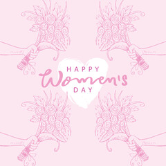 Happy women's day card with male hands hold a bouquet of flowers