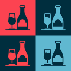 Pop art Wine bottle with glass icon isolated on color background. Vector