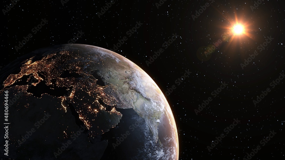 Poster planet earth with realistic geography surface and orbital 3d cloud atmosphere . outer space view of 