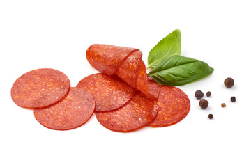 Spanish chorizo salami sausage, isolated on white background.