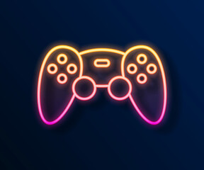 Glowing neon line Game controller or joystick for game console icon isolated on black background. Vector © Iryna