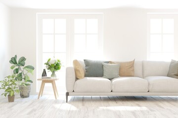 Stylish room in white color with sofa. Scandinavian interior design. 3D illustration