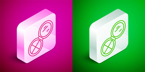 Isometric line Makeup powder with mirror icon isolated on pink and green background. Silver square button. Vector