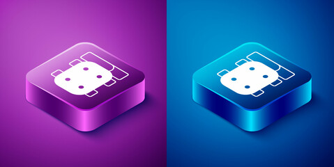 Isometric Knee pads icon isolated on blue and purple background. Extreme sport. Skateboarding, bicycle, roller skating protective gear. Square button. Vector