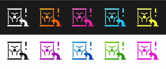 Set Radioactive waste in barrel icon isolated on black and white background. Barrel with radioactive and toxic substance is spilled. Vector