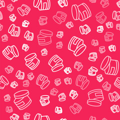 White line Cream or lotion cosmetic tube icon isolated seamless pattern on red background. Body care products for woman. Vector