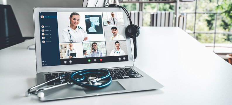Telemedicine Service Online Video Call For Doctor To Actively Chat With Patient Via Remote Healthcare Consultant Software . People Can Use App To Contact Doctors For Virtual Meeting From Home .
