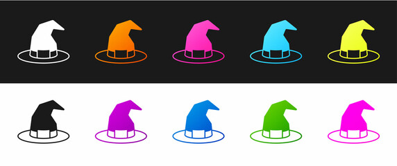 Set Witch hat icon isolated on black and white background. Happy Halloween party. Vector