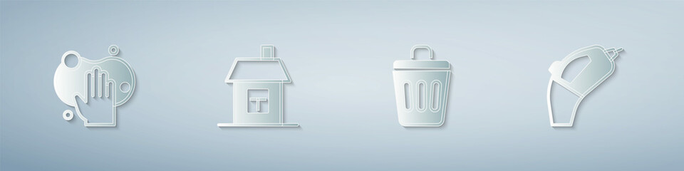 Set Sponge, House, Trash can and Portable vacuum cleaner. Paper art style. Vector