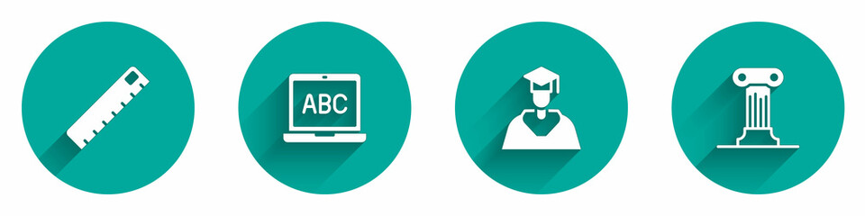 Set Ruler, Laptop, Graduate and graduation cap and Law pillar icon with long shadow. Vector