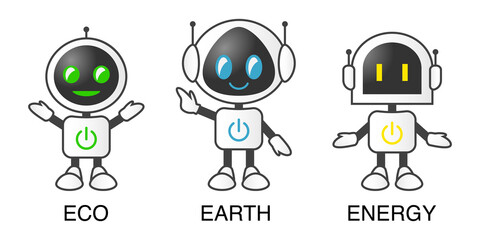 ロボット, キャラクター, かわいい, 人工知能のカラフルセットベクターアイコンイラスト素材